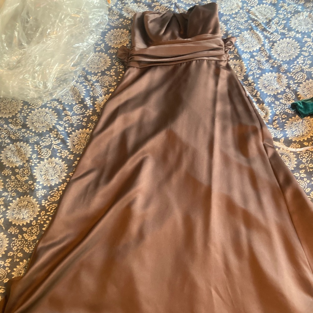 Brown satin a-line ball gown with slip